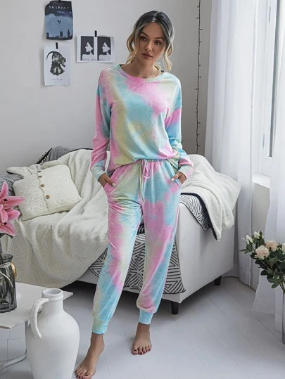 Conjunto top de tie dye de hombros caídos con pantalones de cintura con cordón - Colección de primavera