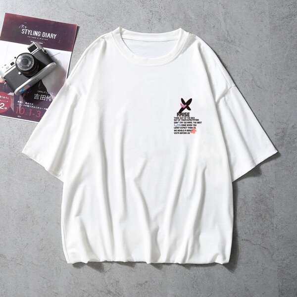 

Men Letter & Butterfly Print Drop Shoulder Tee, White