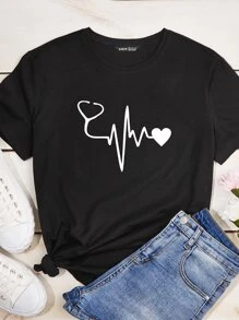 Camiseta con estampado de corazón - Negro - Ver 1