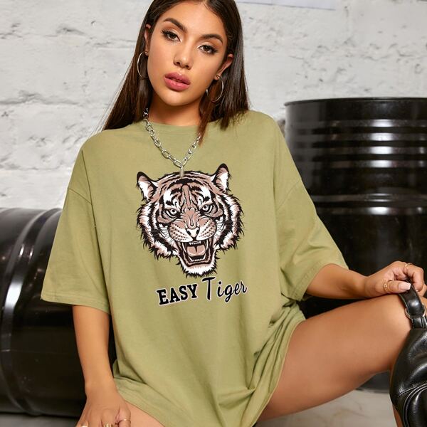 

Drop Shoulder Letter & Tiger Print Oversized Tee, Army green