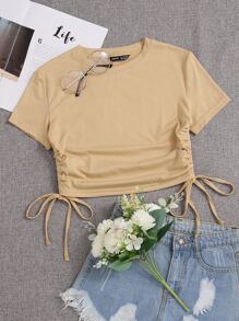 SHEIN Unity 抽繩抽褶素色短版T恤 - 卡其色 - 查看 1