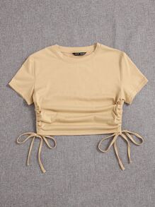 SHEIN Unity 抽繩抽褶素色短版T恤 - 卡其色 - 查看 3