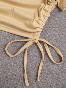 SHEIN Unity 抽繩抽褶素色短版T恤 - 卡其色 - 查看 5