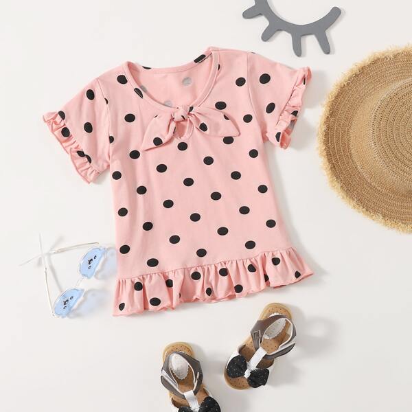 

Toddler Girls Polka Dot Knot Front Ruffle Hem Tee, Pink