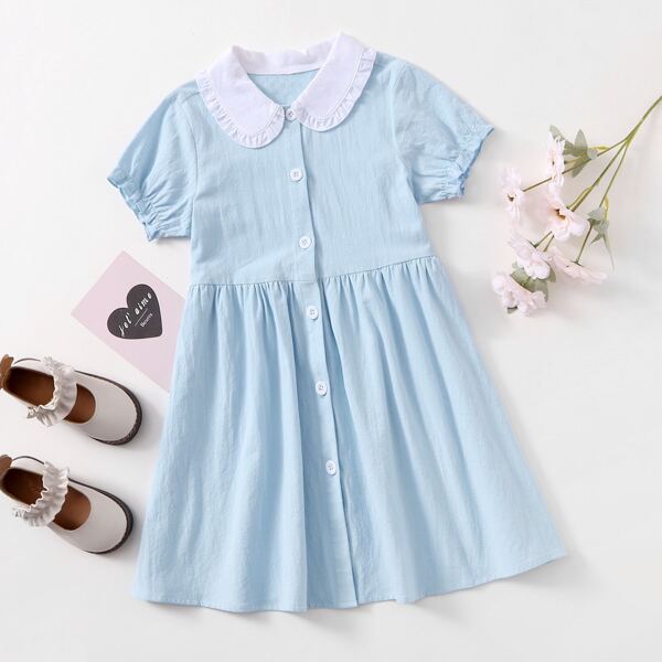 

Girls Button Front Peter Pan Collar Smock Dress, Baby blue