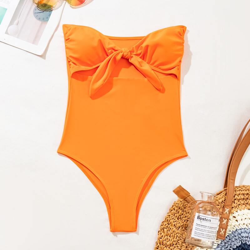 

Cut-out Knot Front Bandeau One Piece Swimsuit, Orange