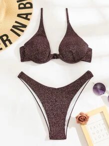 閃爍釦底下擰建議高腰比基尼套裝 - 巧克力棕 - 查看 7