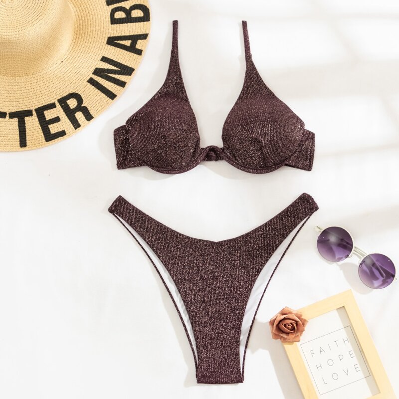 

Glitter Underwire High Cut Bikini Swimsuit, Chocolate brown