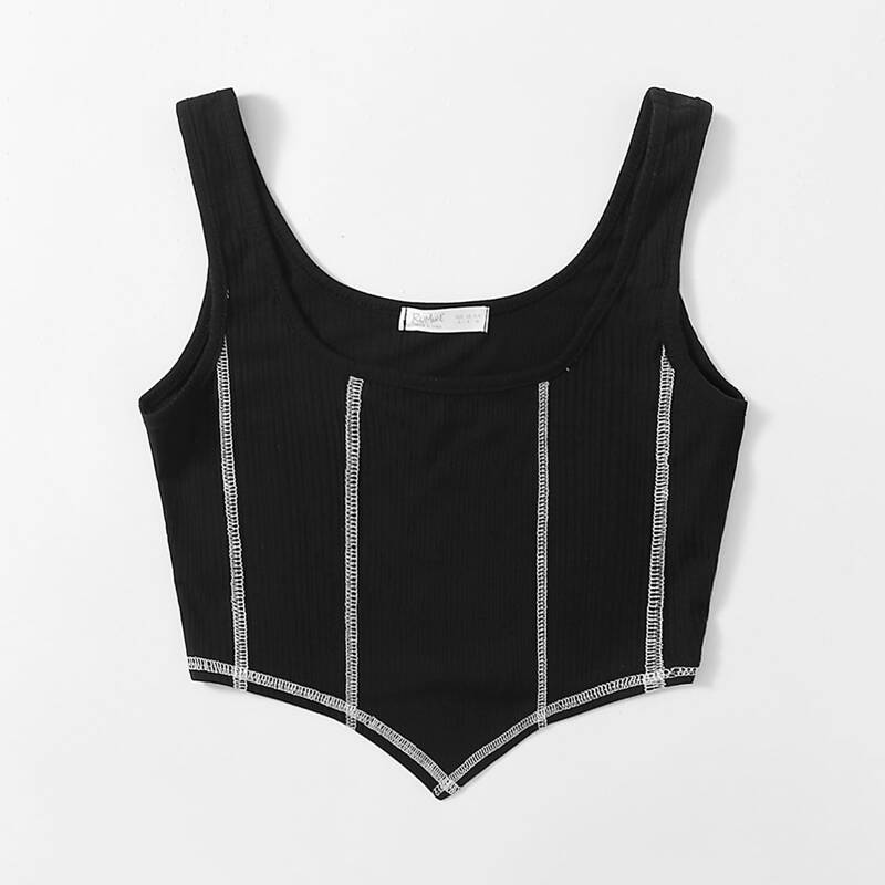 

Contrast Stitching Ribbed Tank Top, Black