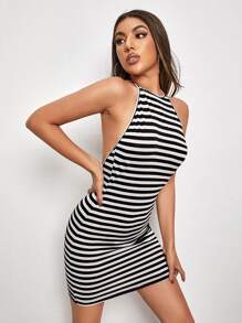 SHEIN Essnce 繫帶後開式條紋繞頸洋裝 - 黑與白 - 查看 3