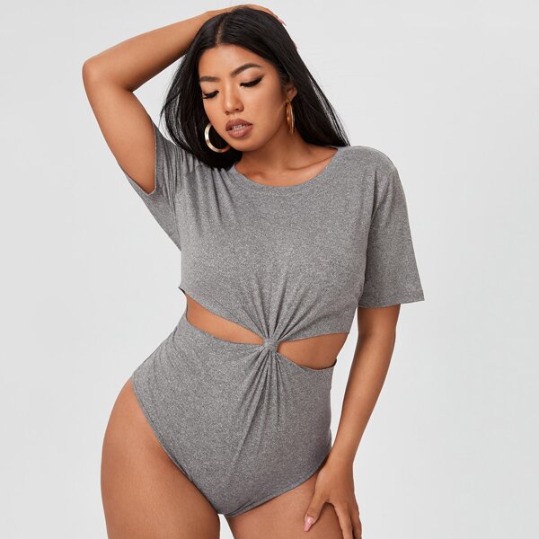 

Plus Cut Out Solid Bodysuit, Grey