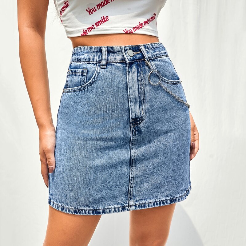 

High Waist Chain Detail Denim Skirt, Medium wash