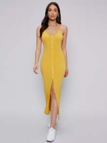 Mulvari Button Front Split Hem Dress - Yellow - View 3