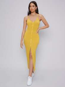 Mulvari Button Front Split Hem Dress - Yellow - View 1
