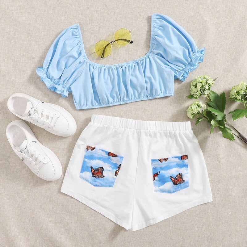 

Tie Front Flounce Sleeve Top & Butterfly Print Shorts Set, Blue and white