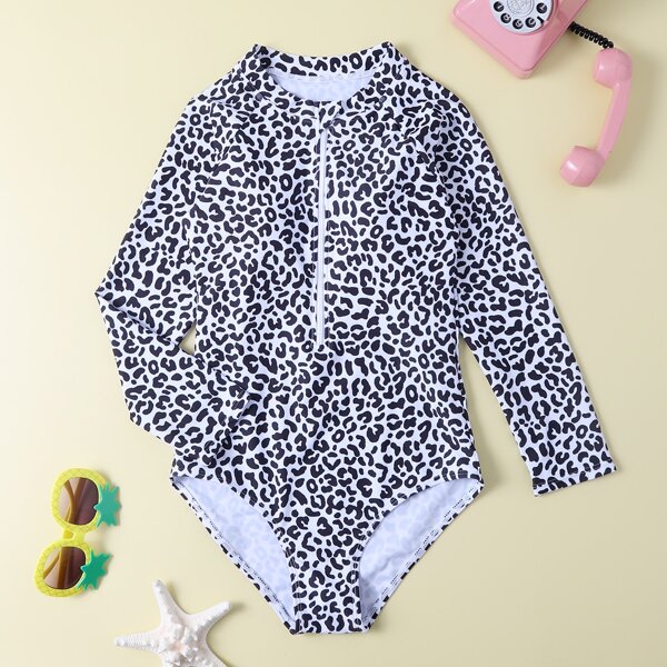 

Girls Allover Graphic Zip-up One Piece Swimsuit, Black and white