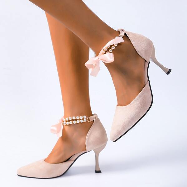 

Faux Pearl Strap Court Pumps, Baby pink