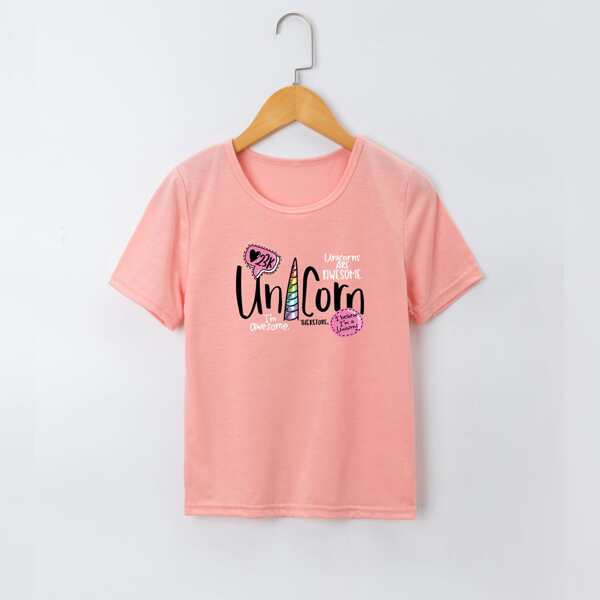 

Girls Slogan Graphic Short Sleeve Tee, Coral pink