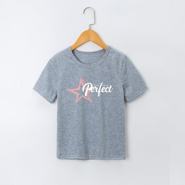 

Girls Letter & Star Print Tee, Grey