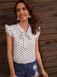 SHEIN Clasi Áo sơ mi Xù Chấm bi Giải trí - trắng - Xem 1