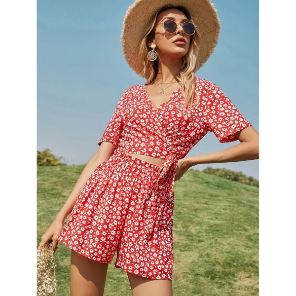

Ditsy Floral Self Tie Wrap Top & Shorts Set, Red and white