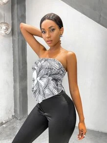 Top tubo con estampado de plantas de espalda con cordón - Blanco y Negro - Ver 3