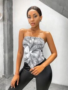 Top tubo con estampado de plantas de espalda con cordón - Blanco y Negro - Ver 4