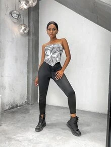 Top tubo con estampado de plantas de espalda con cordón - Blanco y Negro - Ver 6