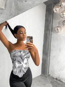 Top tubo con estampado de plantas de espalda con cordón - Blanco y Negro - Ver 1