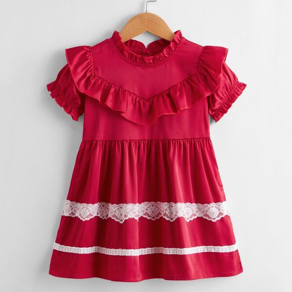 

Toddler Girls Ruffle Trim Contrast Lace Flounce Sleeve Button Back Smock Dress, Rose red