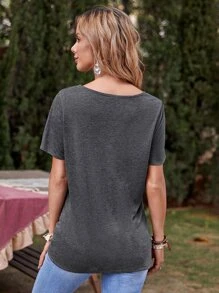 Buttoned Solid Tee - Dark Grey - View 2