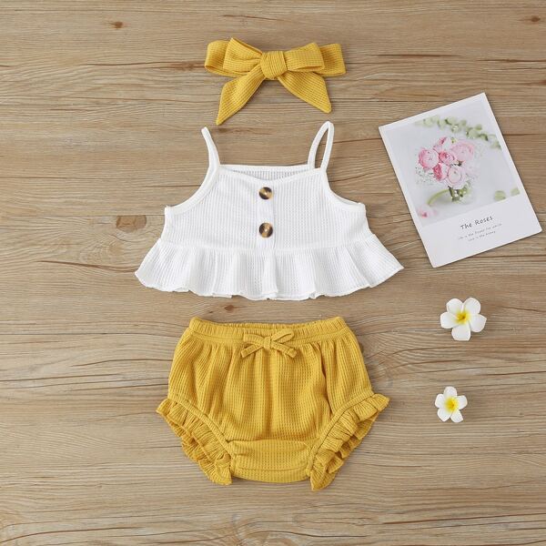 

Baby Girl Ruffle Hem Cami Top With Shorts With Headband, Multicolor