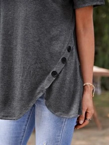 Buttoned Solid Tee - Dark Grey - View 6