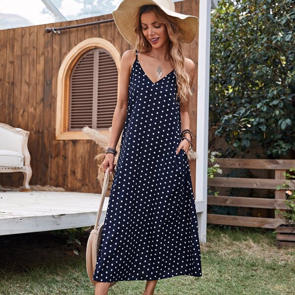

Double V-neck Polka Dot Cami Dress, Navy blue