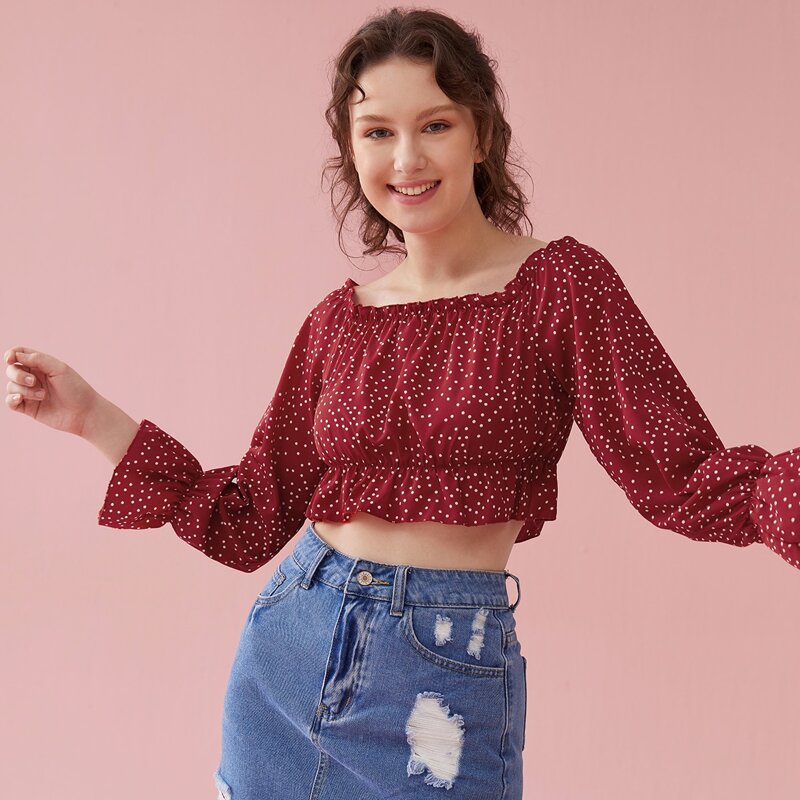 

Polka Dot Ruffle Hem Crop Top, Burgundy