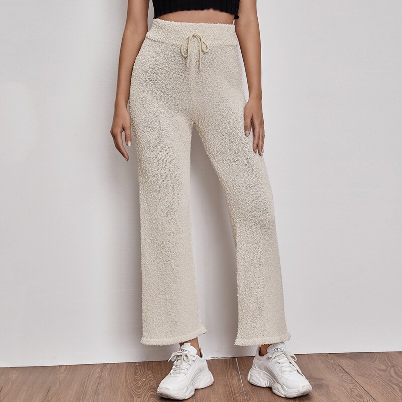 

Solid Drawstring Waist Knit Pants, Beige