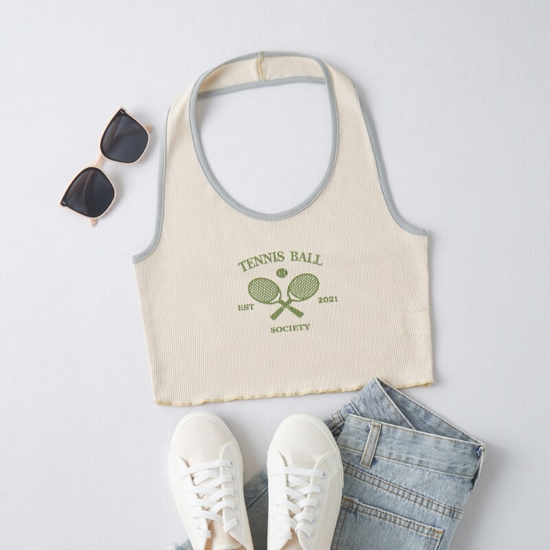 

Letter Tennis Graphic Ribbed Halter Top, Beige