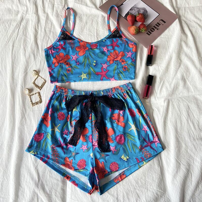 

Floral Cami Top With Tie Front Shorts Pajama Set, Multicolor