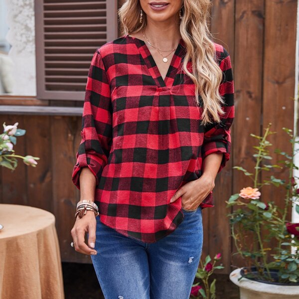 

Plaid Notched Neck Rolled Sleeve Top, Multicolor