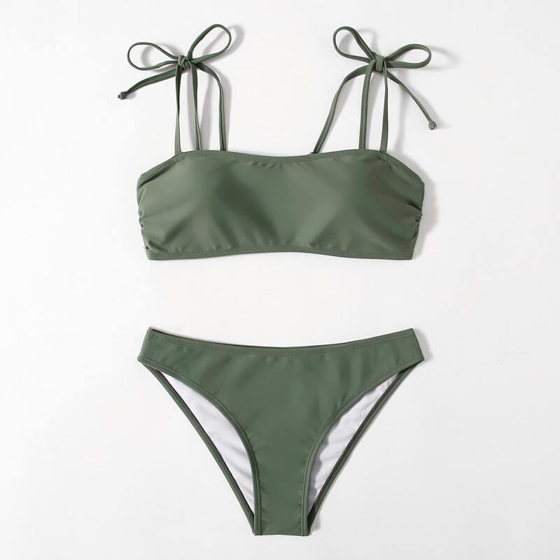 

Tie Shoulder Bikini Swimsuit, Army green