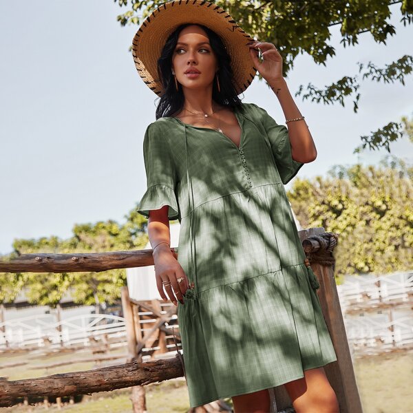 

Flounce Sleeve Ruffle Hem Smock Dress, Green