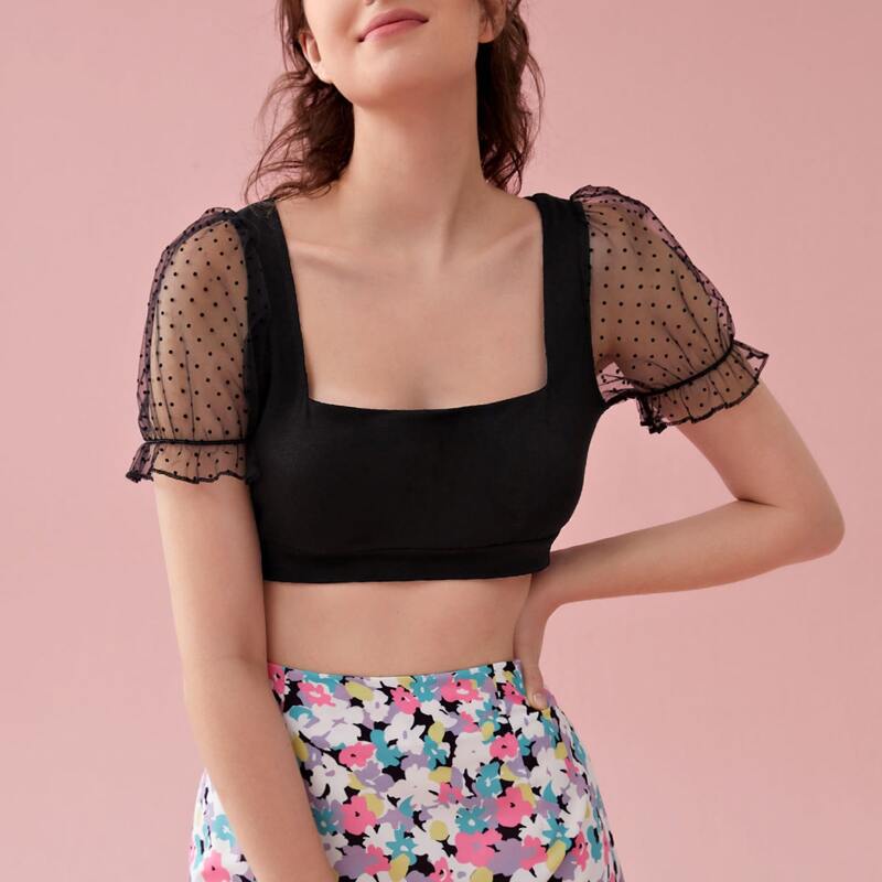 

Dobby Mesh Sleeve Crop Top, Black