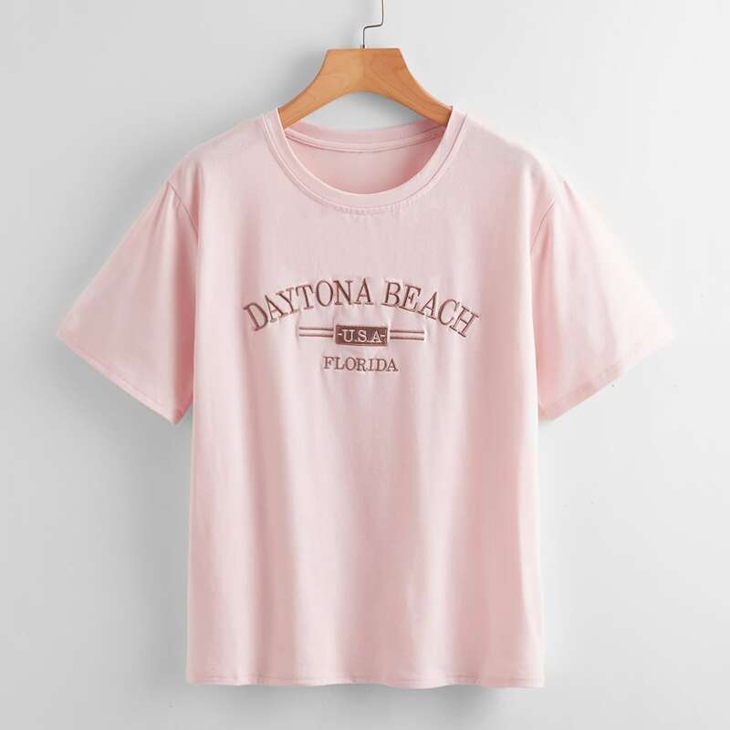 

Slogan Embroidery Tee, Baby pink