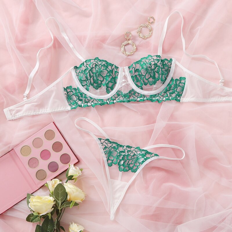 

Embroidered Mesh Underwire Lingerie Set, Multicolor
