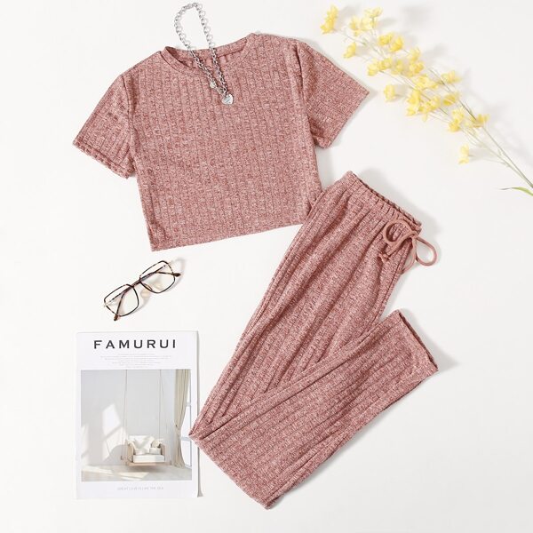 

Rib-knit Crop Tee With Pants Lounge Set, Dusty pink