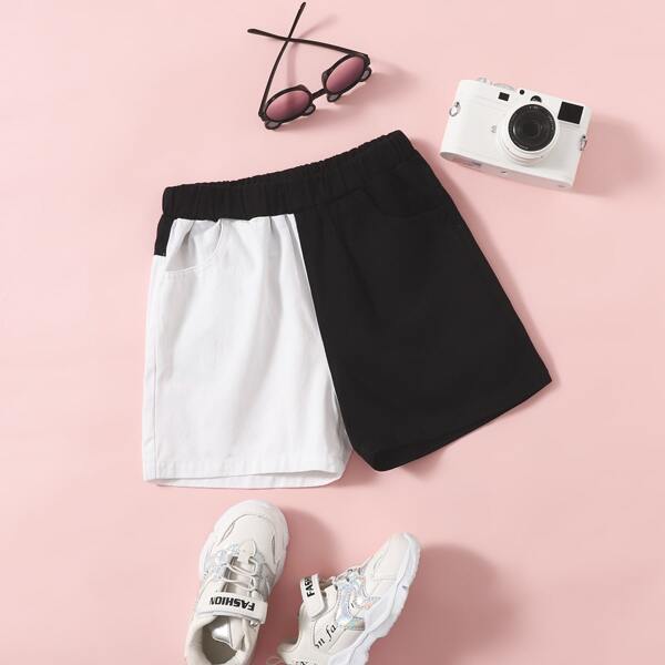 

Girls Two Tone Elastic Waist Shorts, Black and white