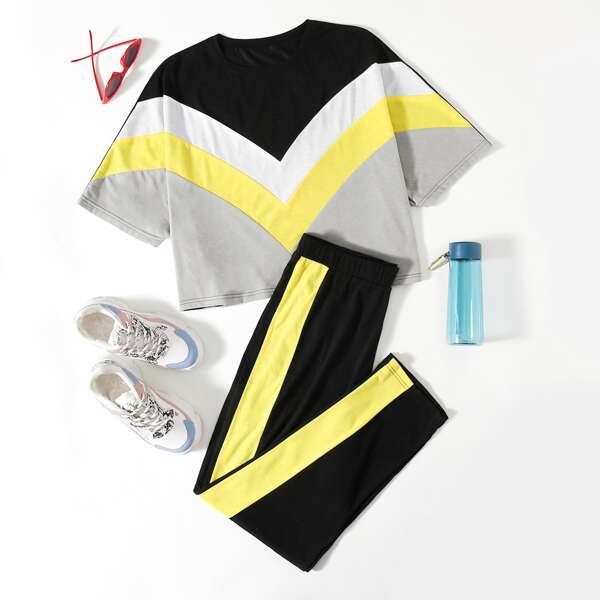 

Plus Colorblock Batwing Sleeve Tee & Leggings, Multicolor