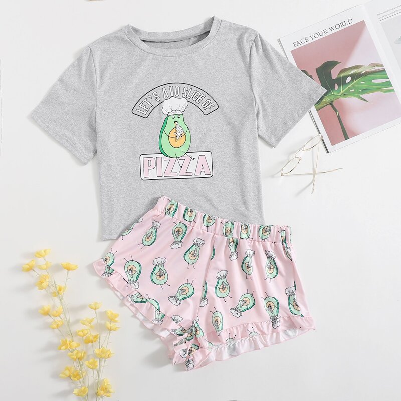 

Cartoon Avocado Print Tee & Shorts PJ Set, Multicolor
