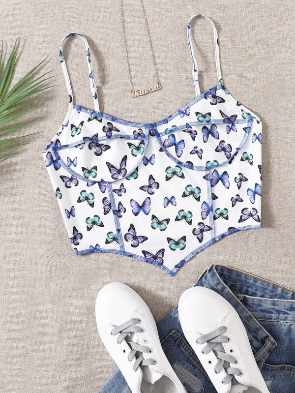 SHEIN EZwear Allover Butterfly Print Contrast Stitch Cami Top