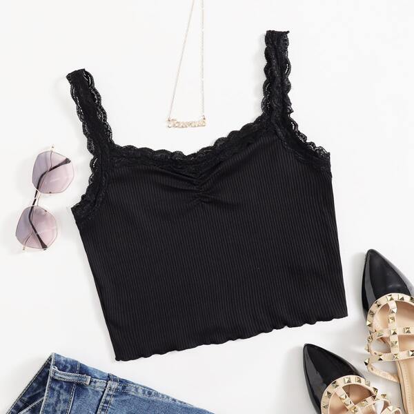 

Lace Trim Ruched Front Cami Top, Black